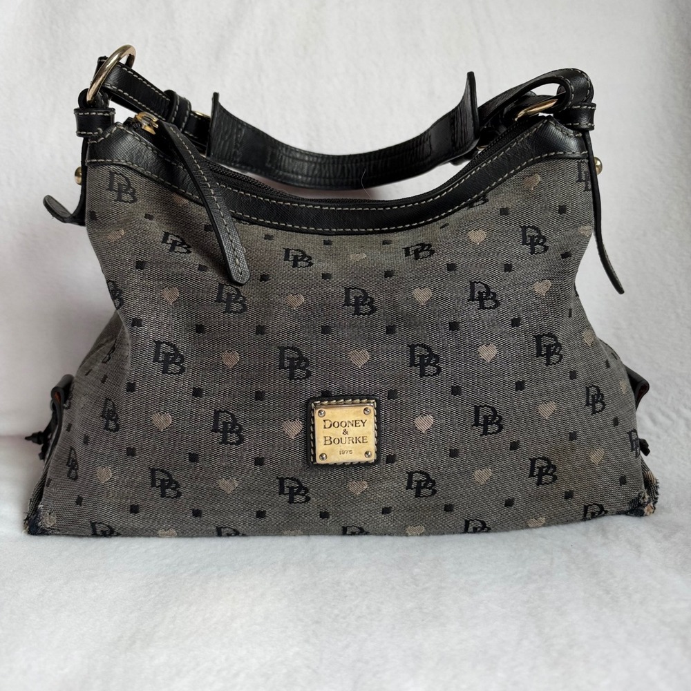 Dooney & Bourke Y2K Monogram Heart Canvas Shoulder Bag Grey Black